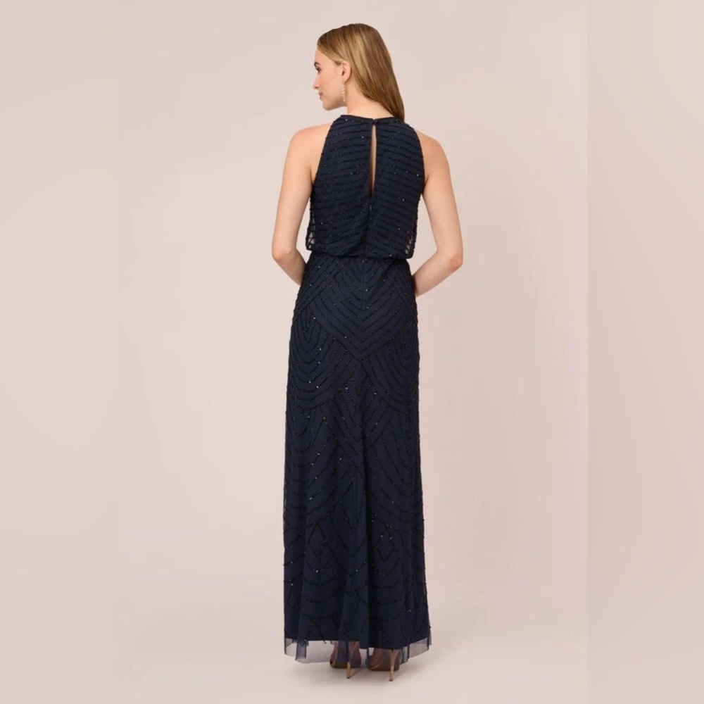 Adrianna Papell SZ 8 NWT Navy Beaded Halter Gown MOB Formal Art Deco evening - Picture 2 of 5